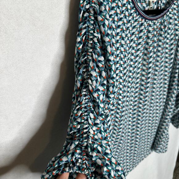 Max Studio Ruched Sleeve Chiffon Blouse Geometric Print Navy Ivory Size S - Picture 3 of 10